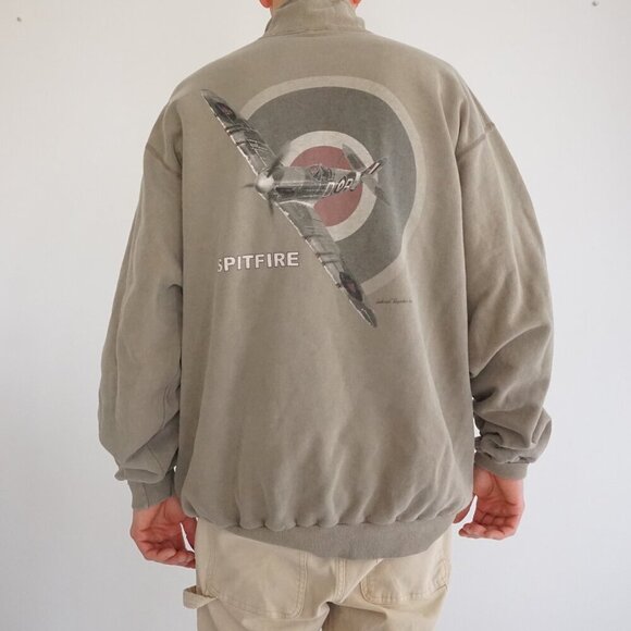 Vintage '90S Bulletin Spitfire Plane Dog Fight Green Quarter Zip Sweater 2XL - Picture 1 of 11
